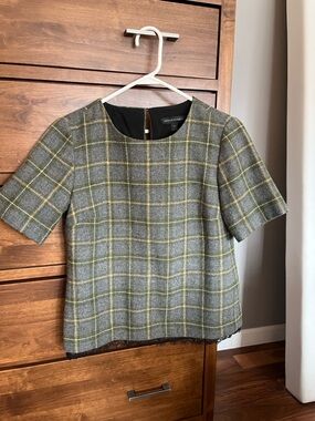 Banana Republic Gray Plaid Short-Sleeve Blouse with Green & Cream Windowpane
